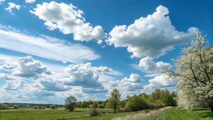 Poster - A beautiful blue sky with fluffy white clouds and a few trees in the background