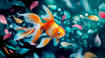 Wall Mural - Vibrant goldfish swimming among colorful petals