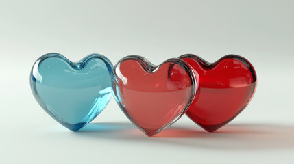 3D of three heart shaped glass pieces one blue and the other two red