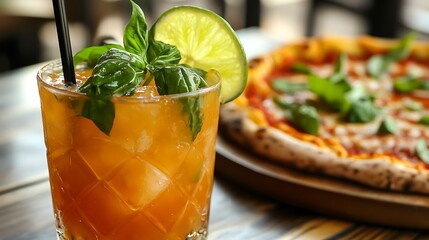 Wall Mural - Sweet rum punch with a lime wedge and a slice of pizza topped with fresh basil