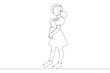 © derplan13 - A child with a large mug with a glass in his hands. Little girl in a dress.One continuous drawing line  logo single hand drawn art doodle isolated minimal illustration.
