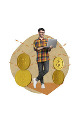 Poster - Vertical creative 3d collage artwork picture of intelligent clever man worker use netbook analyze bitcoin rate isolated drawing background