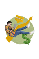 Poster - Photo creative 3d collage sketch of funky happy man flying air browsing netbook communicating writing email isolated on drawing background