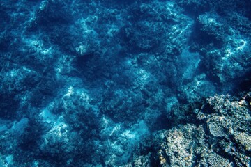 Underwater rocky seabed texture, sunlight penetrates the blue water.