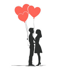 Aufkleber - A romantic silhouette of a couple holding three heart-shaped balloons symbolizes love and affection.