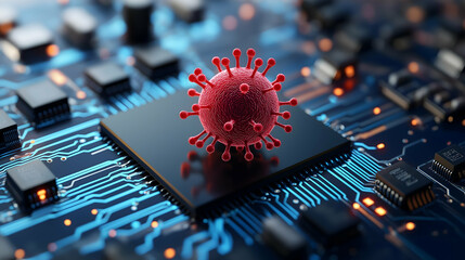 Aufkleber - A vibrant 3D rendering of a virus model positioned on a computer chip, symbolizing the intersection of technology and biological threats.
