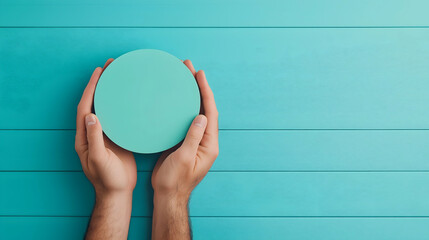Poster - A pair of hands holds a round, blue object against a turquoise wooden background, symbolizing creativity and innovation.