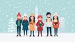 © Wanida - Cheerful Group of Young People Enjoying Winter Season in Colorful Coats and Accessories with Snowflakes Falling and Festive Background of Trees and Buildings