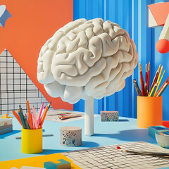 Aufkleber - Creative brain model on a colorful desk with art supplies