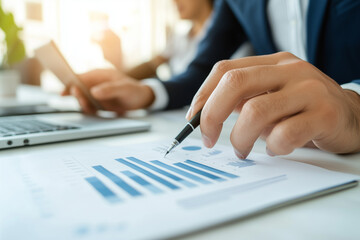 Analyzing financial data with graphs and charts, professional in suit holds pen while reviewing reports