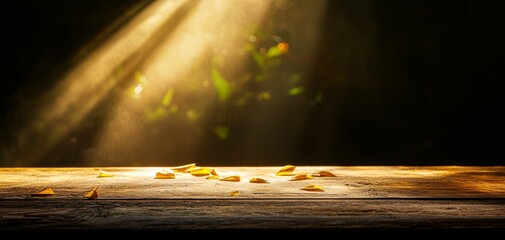 Poster - A serene, illuminated wooden surface with soft beams of light and scattered leaves, creating a tranquil, natural atmosphere.