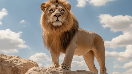 Wall Mural - Majestic lion standing on a rock against a blue sky with clouds.