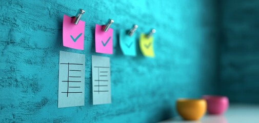 Poster - A colorful wall display features sticky notes and checklists, promoting organization and productivity in a modern workspace.