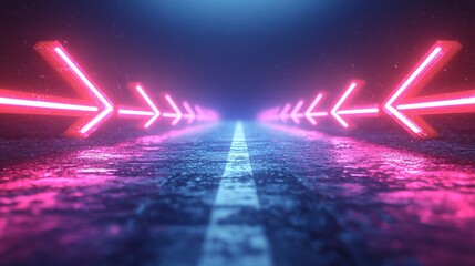 Poster - A vibrant, neon-lit scene features glowing arrows on a dark road, creating a futuristic and immersive atmosphere.