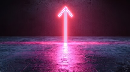 Poster - A vibrant pink neon arrow pointing upward against a dark background, creating a striking contrast and an energetic vibe.