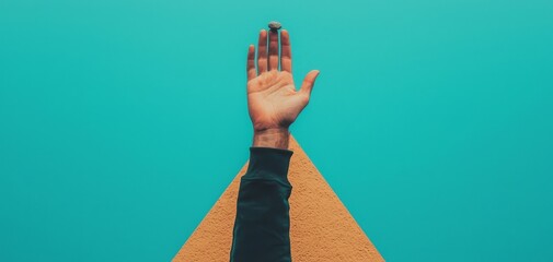 Poster - A hand is raised against a vibrant turquoise background, with a sandy triangular shape below, symbolizing creativity and expression.