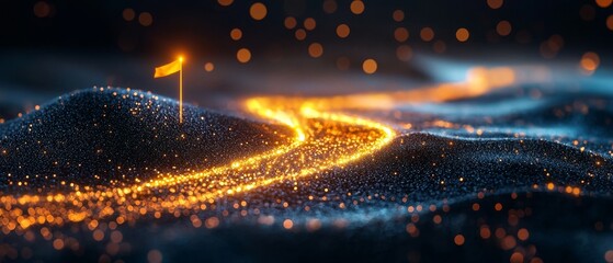 Poster - A glowing pathway winds through a dark landscape, illuminated by vibrant particles, creating a mystical and enchanting atmosphere.