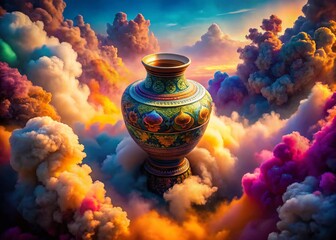 Poster - Aerial Drone Shot: Mystical Vase, Colorful Smoke, Fantasy Landscape