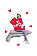 Leinwandbilder - Collage image of pinup pop retro sketch of charming cute young woman sit big palm hold telephone hugging bunch heart social media reactions