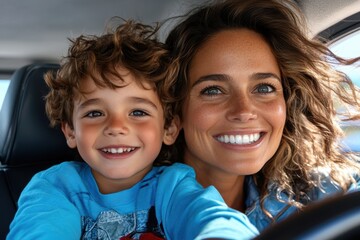 A happy mother and her young son share a joyful moment in the car, captured by the camera, showcasing their loving bond and carefree attitude towards life.