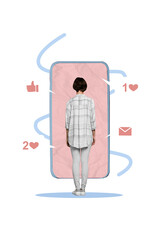 Leinwandbilder - Vertical creative collage image of little young woman addicted blogger influencer obsession social media notification smartphone screen