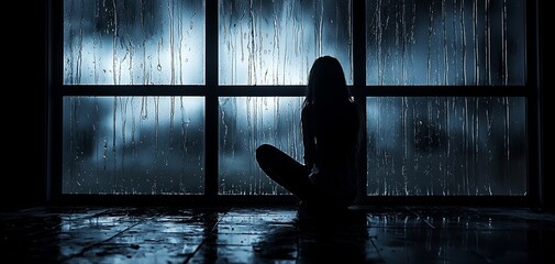 Poster - A silhouette of a person sitting by a rainy window, evoking a sense of solitude and introspection in a moody, atmospheric setting.