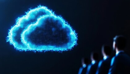 Poster - A digital representation of clouds symbolizes cloud computing, with individuals observing, highlighting the connection between technology and teamwork.