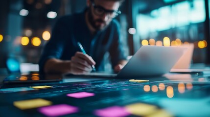 Poster - a focused individual writes notes and works on a laptop in a modern, dimly lit workspace adorned wit