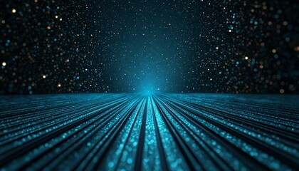 Fototapete - A captivating digital landscape features glowing lines converging towards a bright point, set against a starry background, evoking a sense of depth and infinity.