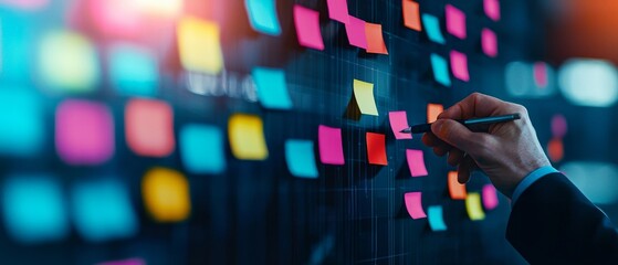 Poster - A hand is placing colorful post-it notes on a dark board, symbolizing brainstorming, organization, and creative collaboration.