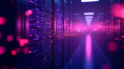 Poster - A vibrant, futuristic data center hallway illuminated by pink and purple lights, showcasing rows of servers and digital technology.