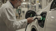 © Nati - A clean-cut engineer charges an electric prototype vehicle in a laboratory setting. The close-up focuses on his precise grip on the cable, the glowing green indicator light, and hi
