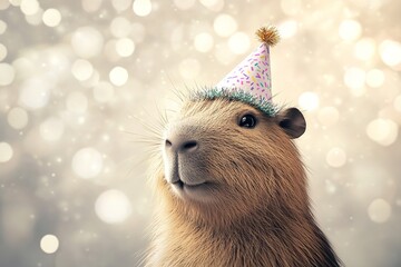 Birthday celebration concept cute capybara in a party hat on blurred bokeh light background with copy space