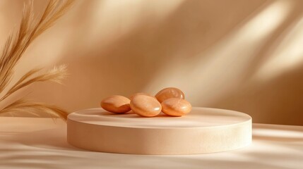 Wall Mural - Smooth brown stones displayed on circular beige platform in natural lighting