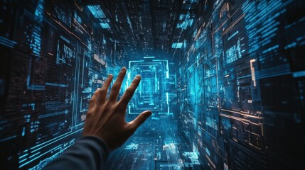 Poster - Hand Reaching Towards Futuristic Digital Interface with Blue Lights