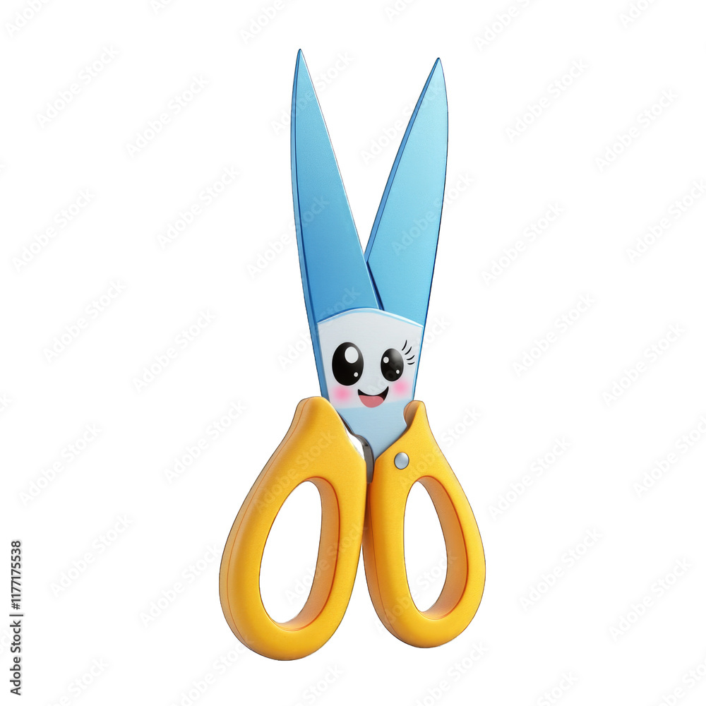 Cartoon scissors with smiling face and blue blades isolated on ...