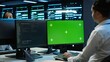 © DC Studio - Engineer in data center monitoring security threats using mockup computer, implementing cybersecurity measures. Man using green screen PC, ensuring compliance with regulations, camera A