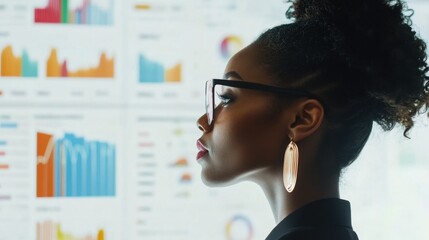 Poster - Businesswoman Analyzing Data Graphs in Modern Office Environment