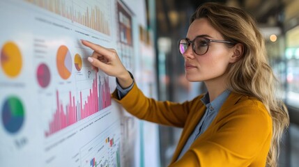 Poster - Business Woman Analyzing Data Charts in Modern Office Environment