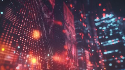 Poster - Abstract glowing forex chart grid and big data hologram on blurry night city background. Trade, technology and finance concept. Double exposure