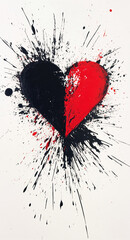 Poster - Red and black heart splatter painting on a white canvas background. Valentine's Day background