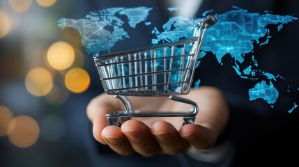 Poster - Hand Holding Shopping Cart with Digital World Map Background