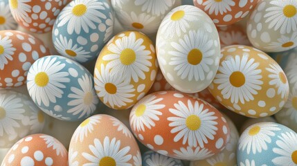 Wall Mural - A collection of brightly colored Easter eggs, each decorated with cheerful daisy patterns in white and yellow, arranged together to create a joyful and festive Easter celebration atmosphere