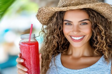 A lovely woman poses with a bright smoothie in a cheerful setting, her radiant smile and natural beauty highlighting the joys of summertime and healthy living.