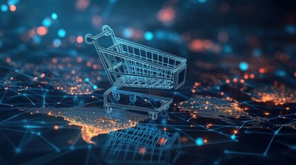 Poster - Futuristic Shopping Cart Design With Digital Network Background
