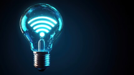 Poster - Bright Light Bulb with Wi-Fi Symbol in Neon Blue Glow
