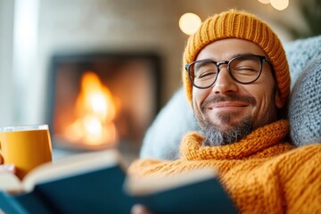 A smiling man enjoys a cozy reading session by a warm fireplace, wearing a knitted hat and sweater, embodying comfort, relaxation, and contentment in his life.