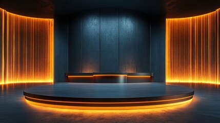 Poster - A futuristic 3D podium with a glowing circular design serves as a high-tech stage for a product display in a modern studio setting, HD image