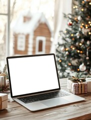 Wall Mural - Laptop computer with white blank empty mock up screen on Merry Christmas table with presents gifts, decorated Xmas tree in Santa house background. Ecommerce website online shopping delivery ads.