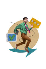 Poster - Photo collage artwork minimal picture of confident guy put check marks successful tasks fulfilling aims isolated drawing background